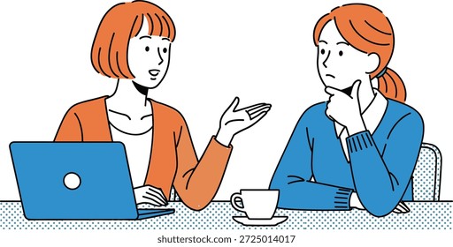 Two cartoon people having discussion at table, professional meeting, coffee break, teamwork concept, communication skills, workplace talk, business collaboration, idea sharing, laptop, casual setting