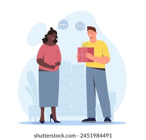 Two cartoon people, one holding a gift, on a stylized background depicting celebration. Flat cartoon vector illustration