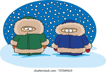 two cartoon people standing in the snow in winter clothes