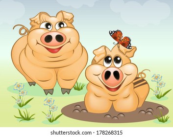 Two cartoon pig