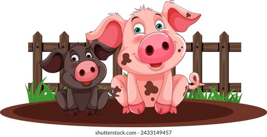 Two cartoon piglets near a fence in mud