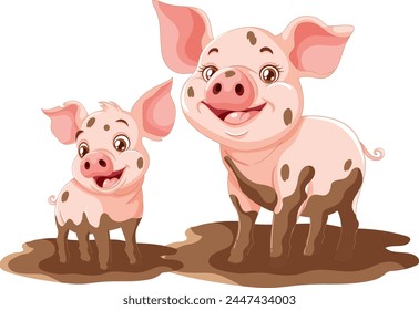 Two cartoon pigs smiling in a muddy puddle.