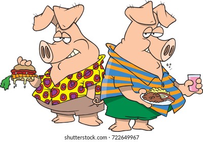 two cartoon pigs wearing clothes and holding plates of food 