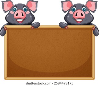 Two cartoon pigs with a wooden sign