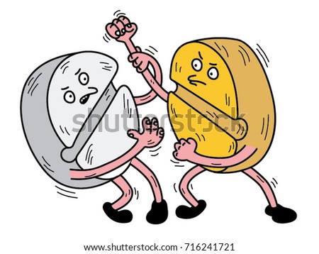 Two cartoon pills fighting each other. Vector illustration.