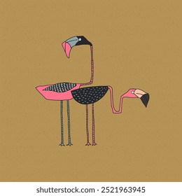 Two cartoon pink flamingos. Graphic illustration, card.