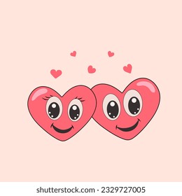 Two cartoon pink hearts are smiling happily, and there are many small heart around them on a square pink background. Happy Valentine's Day. Icons. Vector illustration.