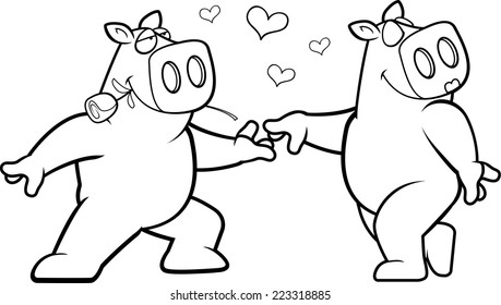 Two cartoon pink pigs in love.