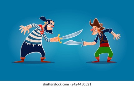 Two cartoon pirates, corsair and sailor characters fighting on sabers or swords, vector personages. Angry pirate filibusters or corsairs with sabers or swords, Caribbean adventure buccaneer characters