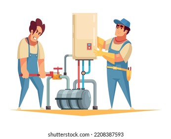 Two cartoon plumbers in uniform fixing boiler vector illustration