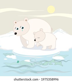 Two cartoon polar bears are very sad about climate change and global warming. Digital vector illustration.