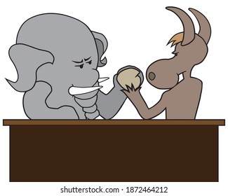 Two cartoon political mascots are having an intense arm wrestling contest