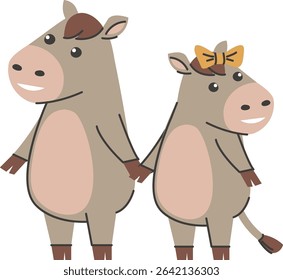Two cartoon ponies, depicted in a simple line art style, are shown holding hands.  A pair of adorable equines stand together, exhibiting a sweet bond. Cartoon vector illustration