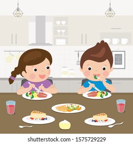 Two cartoon preschoolers have a lunch. Healthy food - vegetables, fish and fruits in the diet of a child. Kitchen room interior and caucasian schoolboy and schoolgirl characters eat. Vector