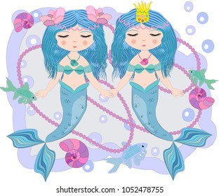 Two cartoon, pretty mermaid, girlfriend, princess of the sea, siren, with blue hair, closed eyes and a forked tail