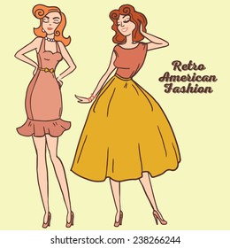 dos hermosas mujeres de caricatura en estilo pin up, vestidos americanos de los 50, ilustración vectorial