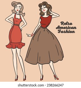 dos hermosas mujeres de caricatura en estilo pin up, vestidos americanos de los 50, ilustración vectorial