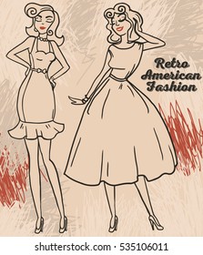 two cartoon pretty women in pin up style, 50s american dresses, vector illustration