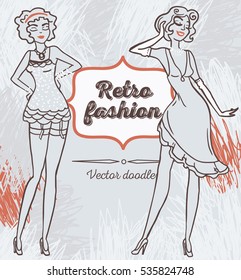 two cartoon pretty women in pin up style, 50s american dresses, vector illustration