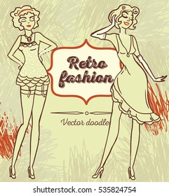 two cartoon pretty women in pin up style, 50s american dresses, vector illustration