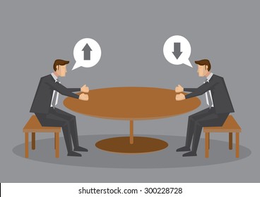 Two cartoon professionals cannot meet eye to eye in business meeting at round table. Vector illustration isolated on plain grey background.