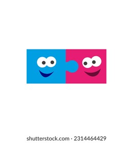 Two cartoon puzzle pieces with funny faces joined together.