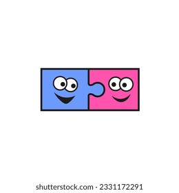 Two cartoon puzzle pieces with funny faces joined together.
