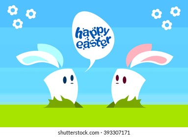 Two Cartoon Rabbit Bunny Communication Chat Bubble Egg Happy Easter Natural Background Holiday Greeting Card Vector Illustration