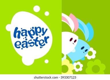 Two Cartoon Rabbit Bunny Look From Side Egg Happy Easter Holiday Greeting Card Vector Illustration