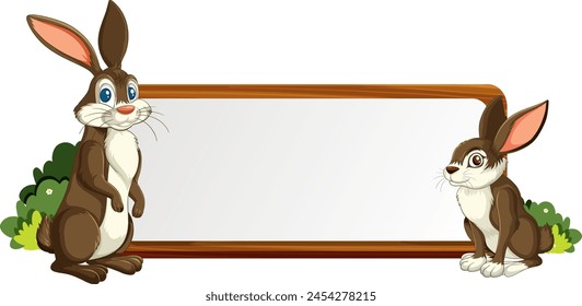 Two cartoon rabbits beside an empty sign