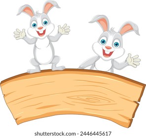 Two cartoon rabbits cheerfully presenting a blank sign.