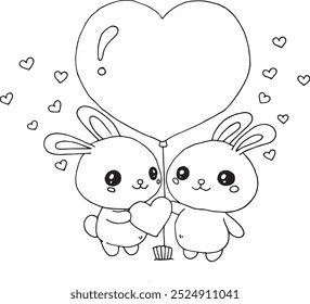 two cartoon rabbits holding black and white love-shaped air balloons