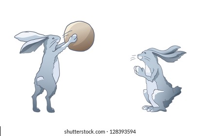 Two cartoon rabbits playing with the ball