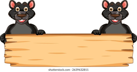 Two cartoon rats holding a blank wooden sign