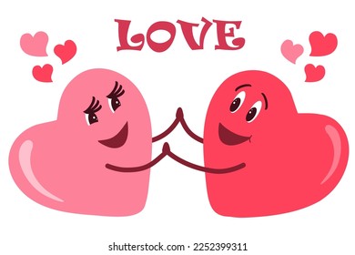 Two cartoon red hearts happily holding hands. Vector illustration with cute characters in love.
