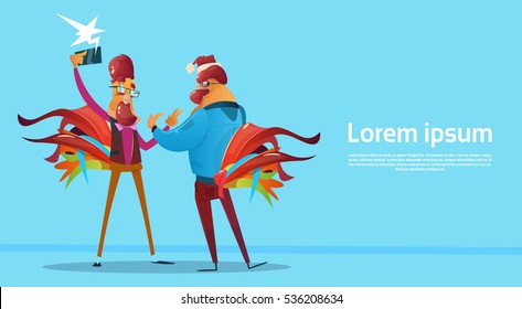 Two Cartoon Rooster Hipster Making Selfie Photo Chatting with Smart Phone Flat Vector Illustration