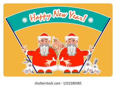 Two cartoon Santa's holding a banner Happy New Year. Nearby are three rabbits and a pig. Vector illustration