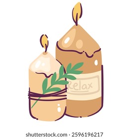 Two cartoon scented candles with flame, Relax text on label and green plant. Funny spa cylinder candles with fragrance. Aromatherapy, zen ambience mascot, cartoon cute aroma gift vector illustration