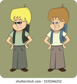 Two cartoon schoolchildren boy with a backpack and glasses
