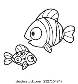 Two cartoon sea fishes outlined for coloring page isolated on white background