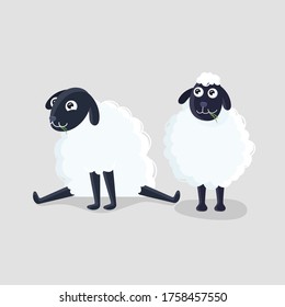 Two Cartoon Sheep in Different Poses on Grey Background.