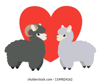 Two cartoon sheeps in love. Lamb couple and heart. Vector illustration in flat style.