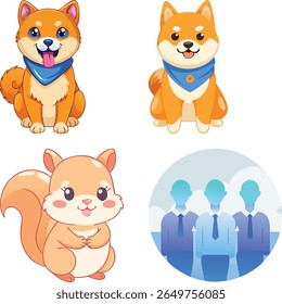 Dois cães de desenho animado shiba inu e um esquilo estão em um fundo branco com avatares de pessoas de negócios.