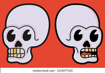 Two cartoon skulls facing away from each other. 