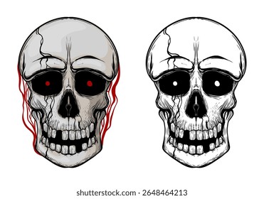 Two Cartoon Skulls Illustration with Cracks and Detailed Teeth, Left Skull with Glowing Red Eyes and Veins, Right Skull in Black and White Sketch Style with Dark Eye Sockets