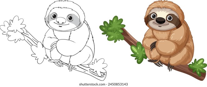 Two cartoon sloths on branches with green leaves