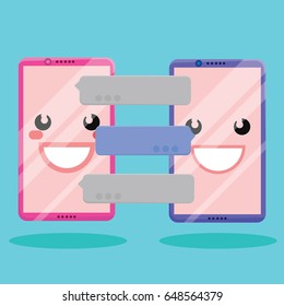 Two cartoon smartphones.Mobile phone character of speech and message, notification, sms.