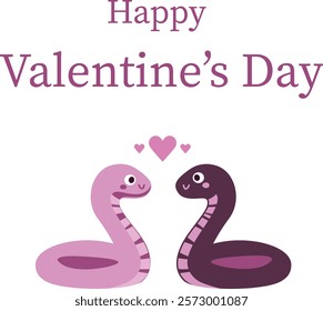 Two cartoon snakes in pink and purple with hearts and Happy Valentines Day text above.