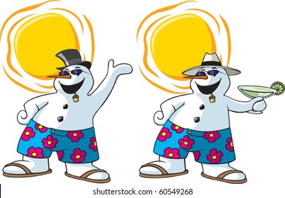 Two cartoon Snowmen having fun in the sun. Layered vector file available. Suns, hats, sunglasses and snowmen are all on separate layers.