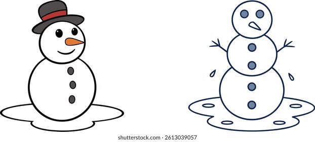 Two Cartoon Snowmen One Smiling One Melting Winter Season Illustration